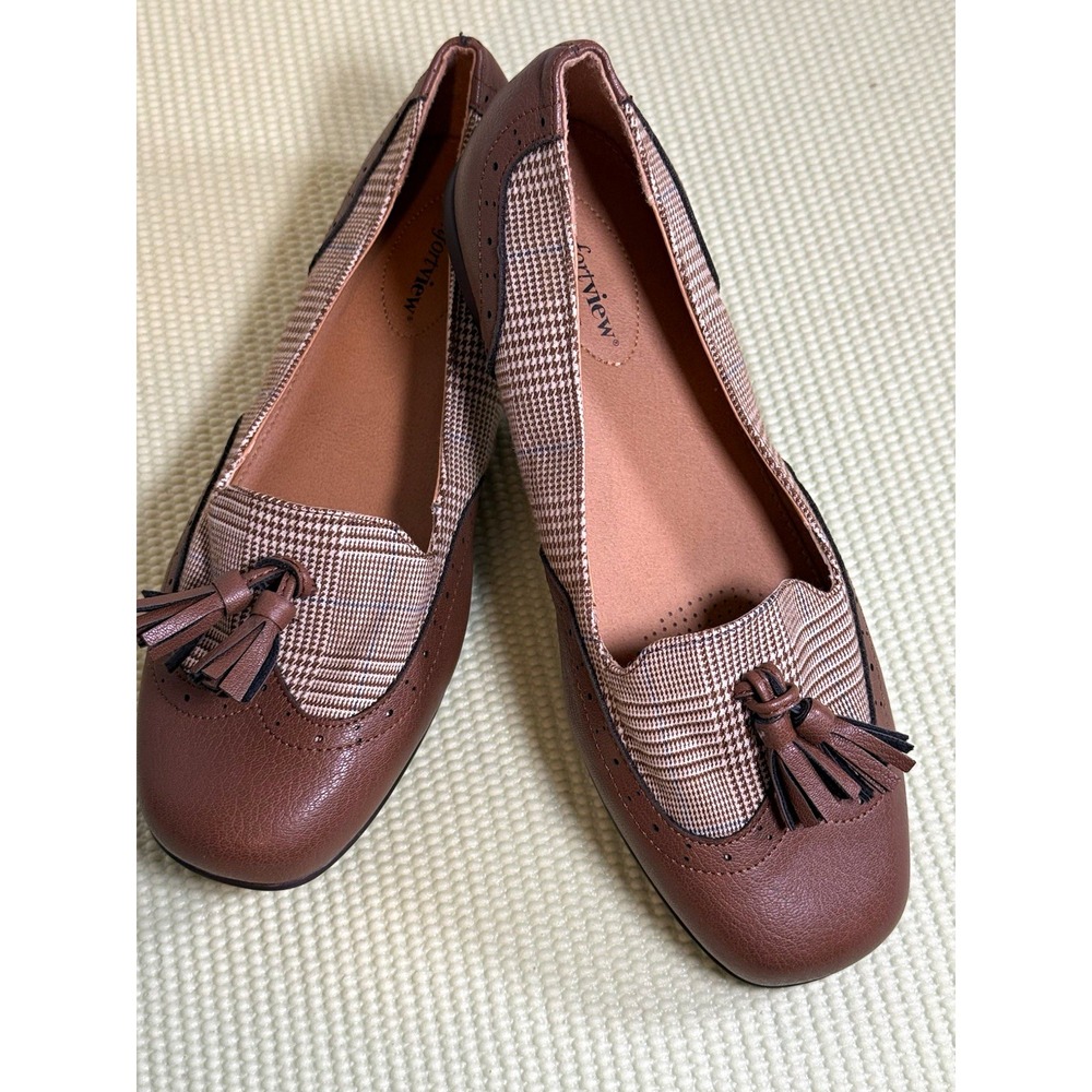 Comfortview Brown Beige Plaid Tweed Tassel Slip-On Flats 9W Round Toe casual